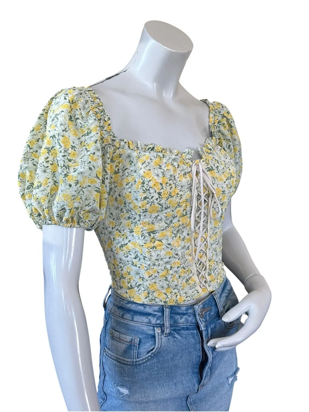 ASTR Yellow & Green Floral Puff Sleeve Milkmaid Lace Up Front Blouse Size XS
